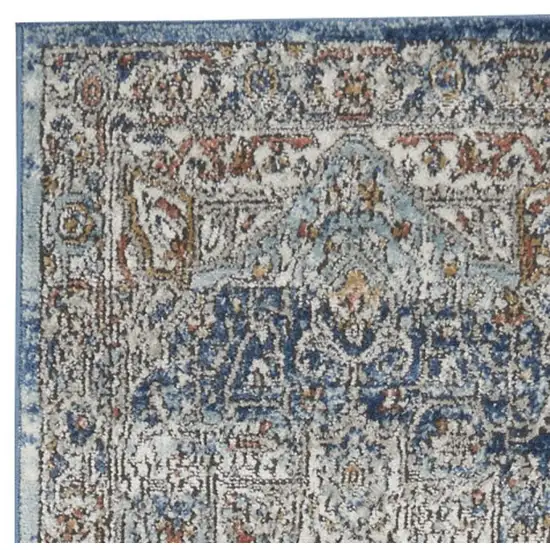 10' Ivory And Blue Floral Distressed Runner Rug Photo 2