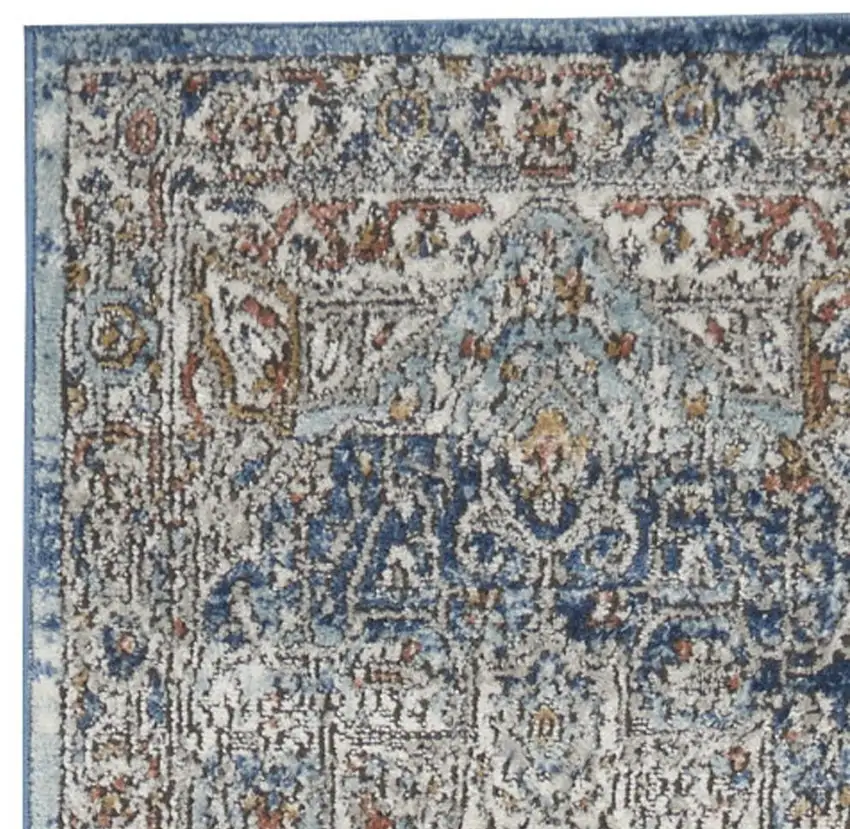 10' Ivory And Blue Floral Distressed Runner Rug Photo 2