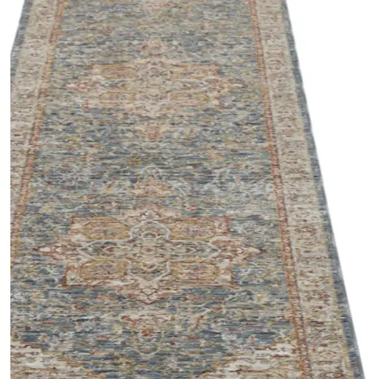 10' Ivory And Blue Floral Medallion Distressed Runner Rug Photo 4