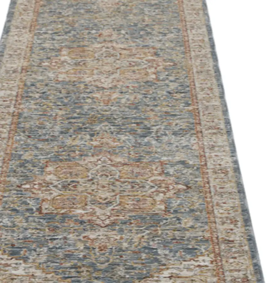 10' Ivory And Blue Floral Medallion Distressed Runner Rug Photo 4