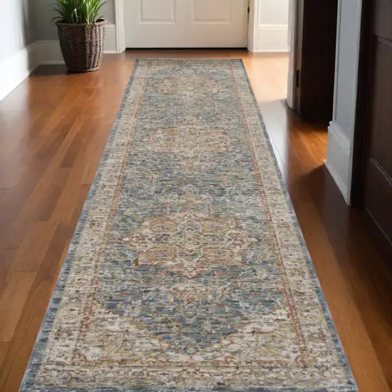 10' Ivory And Blue Floral Medallion Distressed Runner Rug Photo 1