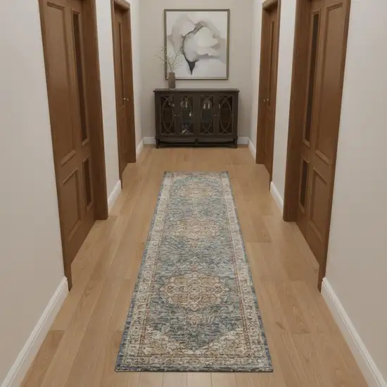 10' Ivory And Blue Floral Medallion Distressed Runner Rug Photo 1