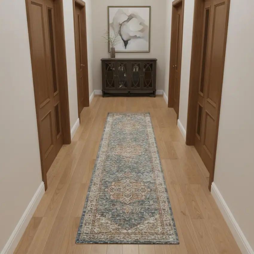 10' Ivory And Blue Floral Medallion Distressed Runner Rug Photo 1