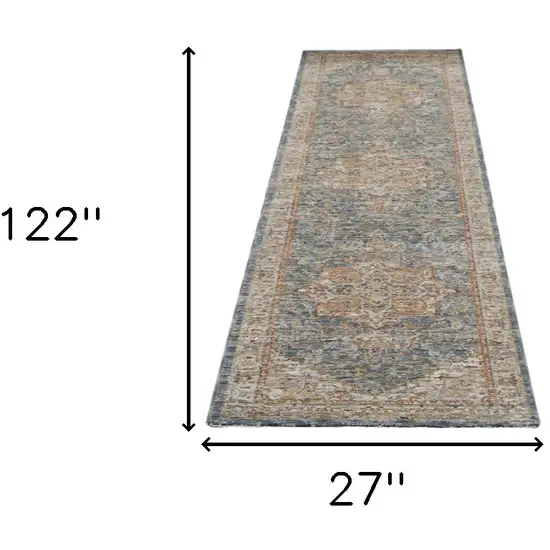 10' Ivory And Blue Floral Medallion Distressed Runner Rug Photo 3