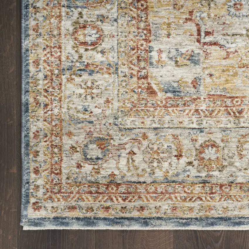10' Ivory And Blue Floral Medallion Distressed Runner Rug Photo 8