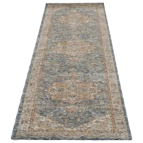 10' Ivory And Blue Floral Medallion Distressed Runner Rug Photo 2