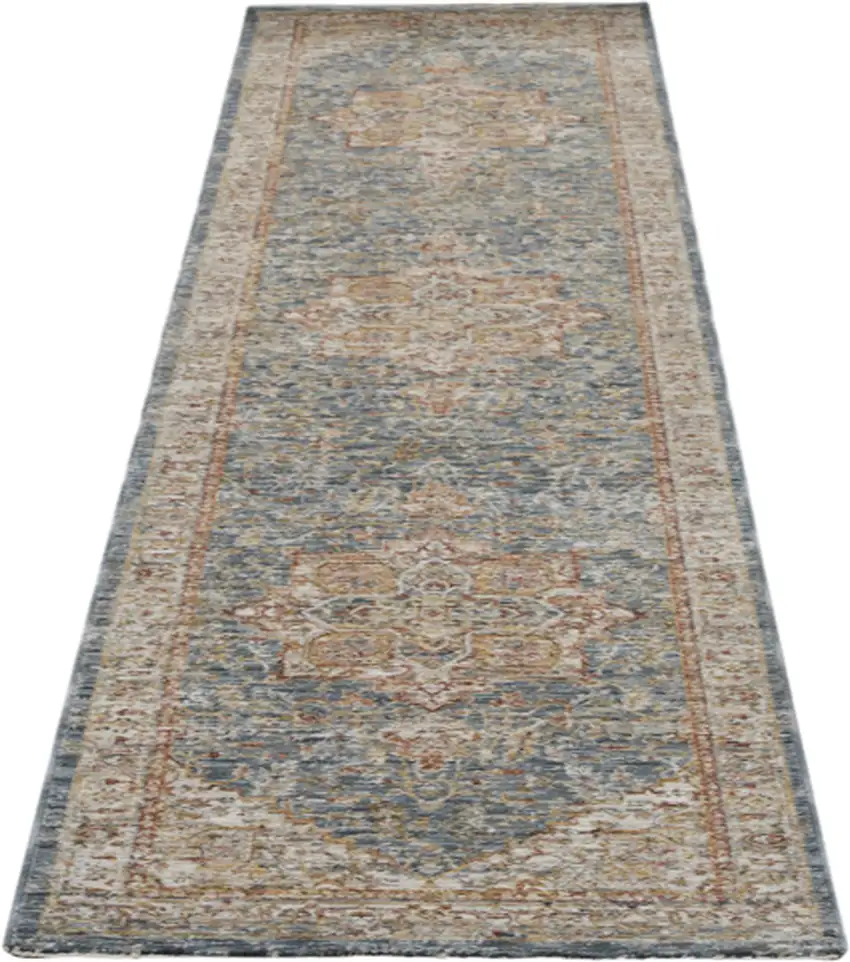 10' Ivory And Blue Floral Medallion Distressed Runner Rug Photo 2