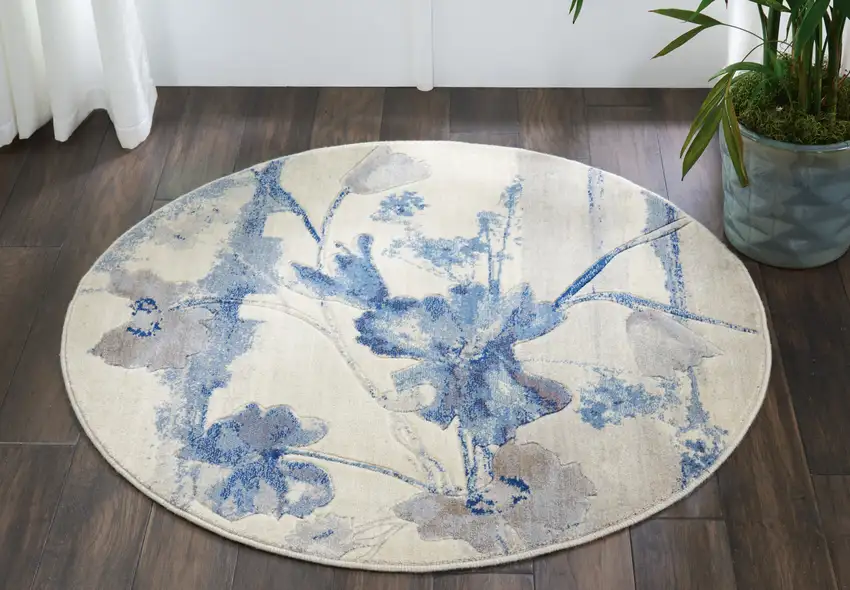 4' Ivory And Blue Floral Non Skid Round Rug Photo 6