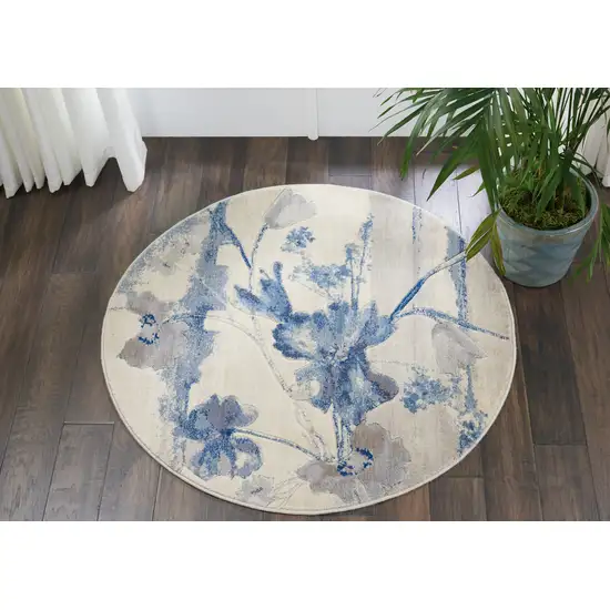 4' Ivory And Blue Floral Non Skid Round Rug Photo 5
