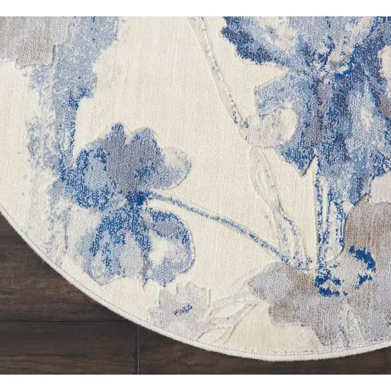 4' Ivory And Blue Floral Non Skid Round Rug Photo 8