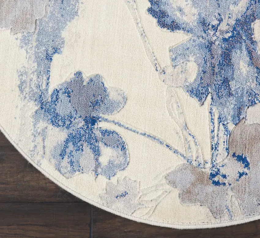4' Ivory And Blue Floral Non Skid Round Rug Photo 8