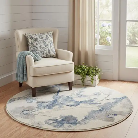 4' Ivory And Blue Floral Non Skid Round Rug Photo 1