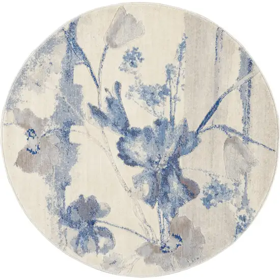 4' Ivory And Blue Floral Non Skid Round Rug Photo 4