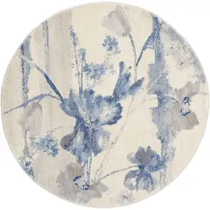Photo of 4' Ivory And Blue Floral Non Skid Round Rug