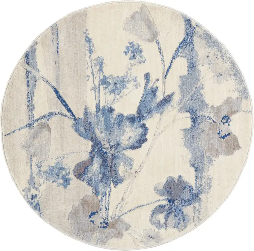4' Ivory And Blue Floral Non Skid Round Rug Photo 2