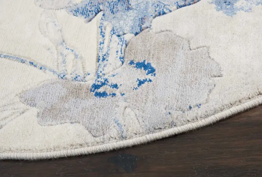 4' Ivory And Blue Floral Non Skid Round Rug Photo 8