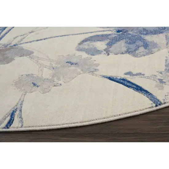 8' Ivory And Blue Floral Non Skid Round Rug Photo 9