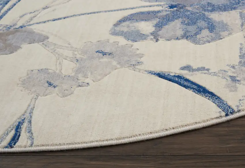 8' Ivory And Blue Floral Non Skid Round Rug Photo 9