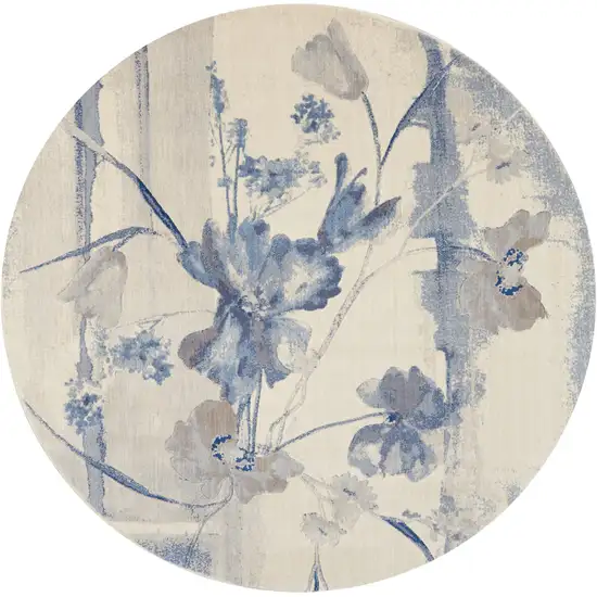 8' Ivory And Blue Floral Non Skid Round Rug Photo 4