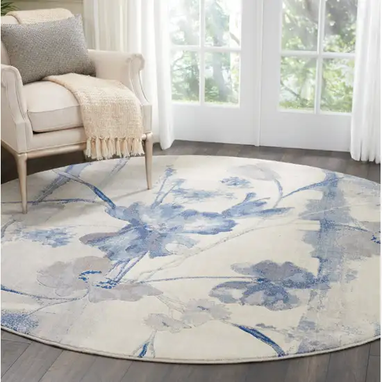 8' Ivory And Blue Floral Non Skid Round Rug Photo 6