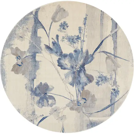 8' Ivory And Blue Floral Non Skid Round Rug Photo 4
