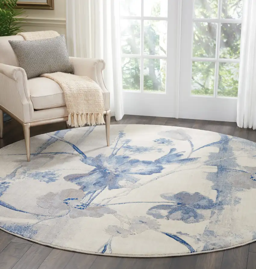 8' Ivory And Blue Floral Non Skid Round Rug Photo 8