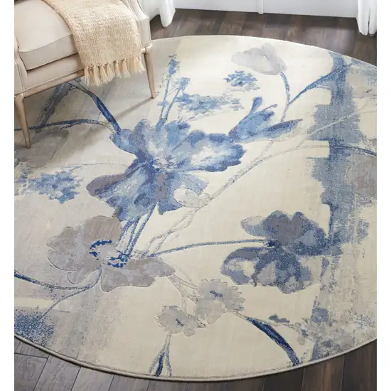 8' Ivory And Blue Floral Non Skid Round Rug Photo 7
