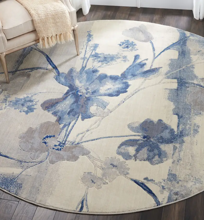 8' Ivory And Blue Floral Non Skid Round Rug Photo 7