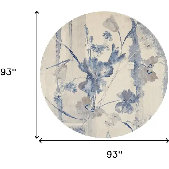 8' Ivory And Blue Floral Non Skid Round Rug Photo 3