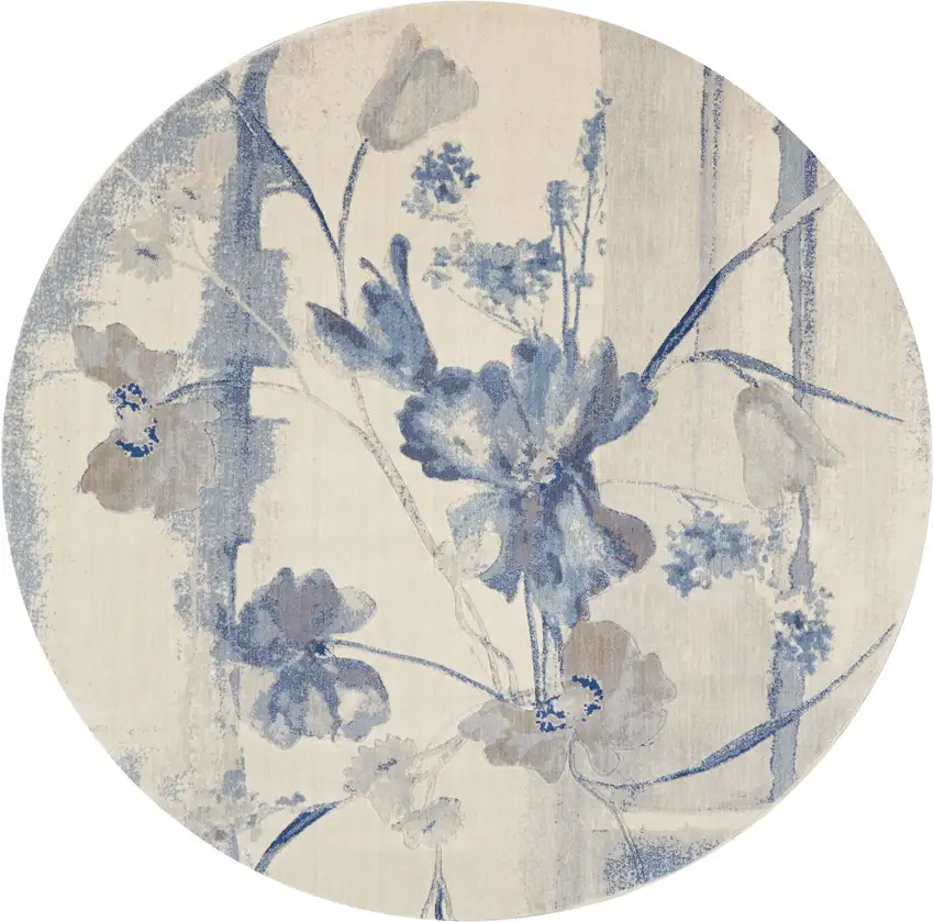 8' Ivory And Blue Floral Non Skid Round Rug Photo 2