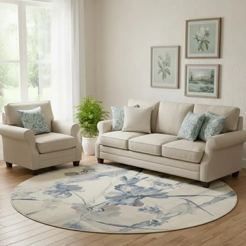8' Ivory And Blue Floral Non Skid Round Rug Photo 1