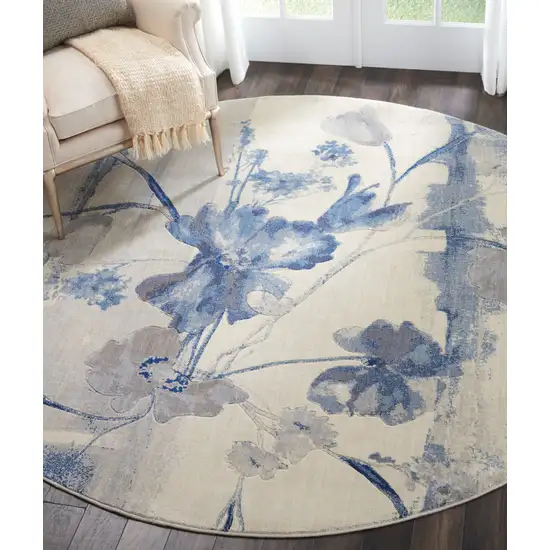 8' Ivory And Blue Floral Non Skid Round Rug Photo 5
