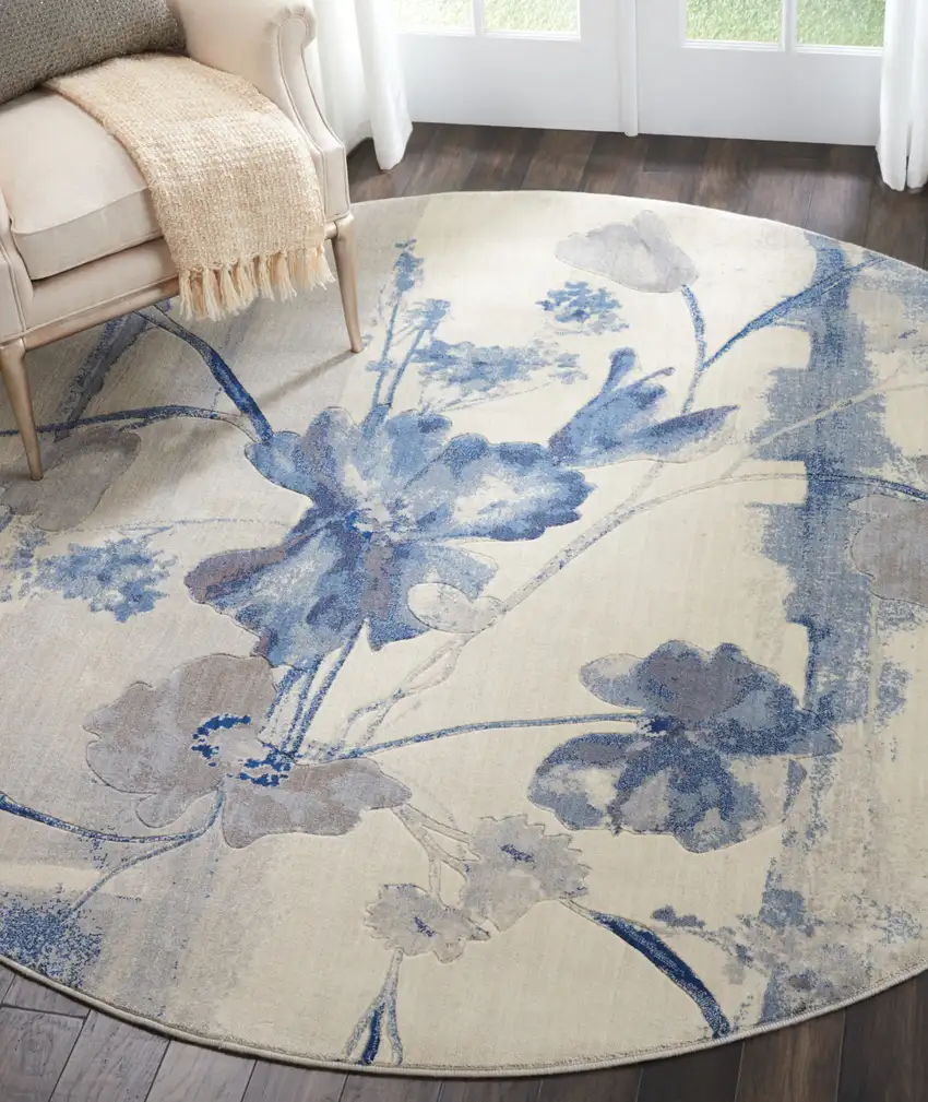 8' Ivory And Blue Floral Non Skid Round Rug Photo 5