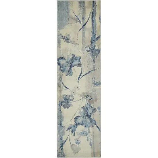8' Ivory And Blue Floral Non Skid Runner Rug Photo 7