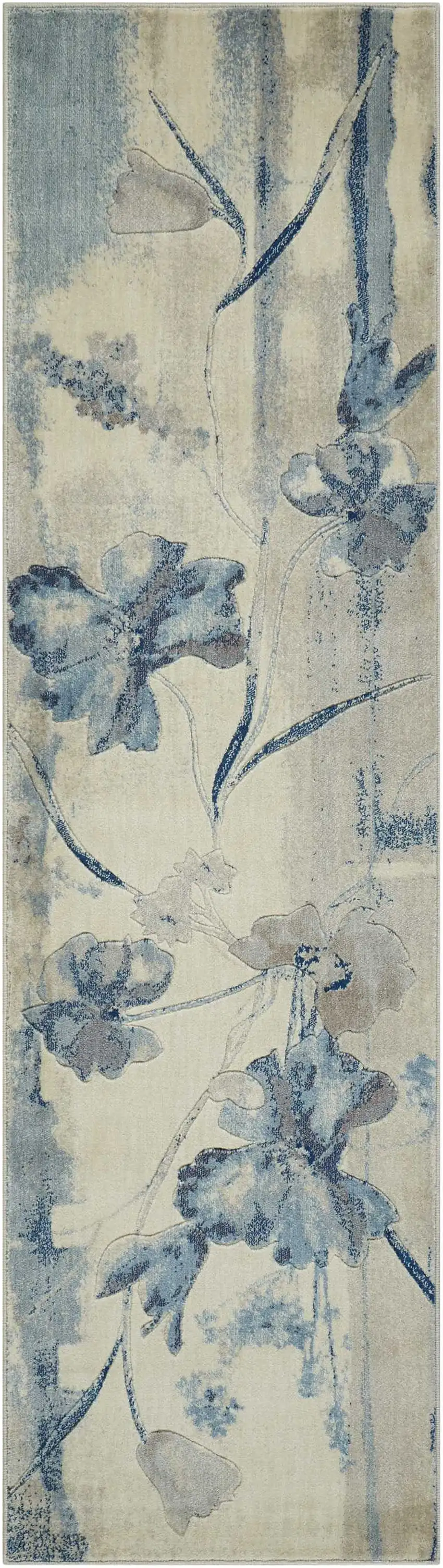 8' Ivory And Blue Floral Non Skid Runner Rug Photo 7