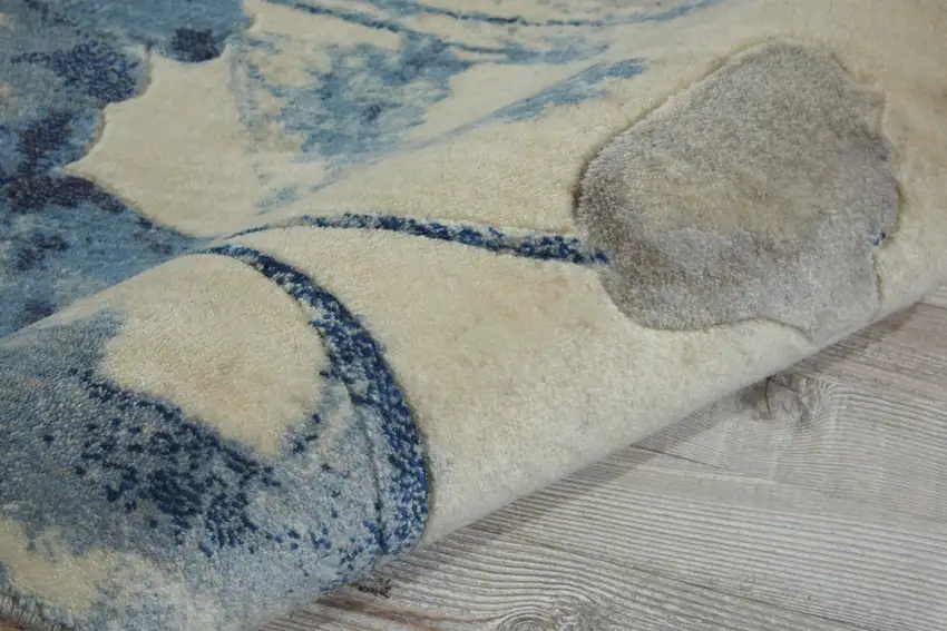 8' Ivory And Blue Floral Non Skid Runner Rug Photo 9