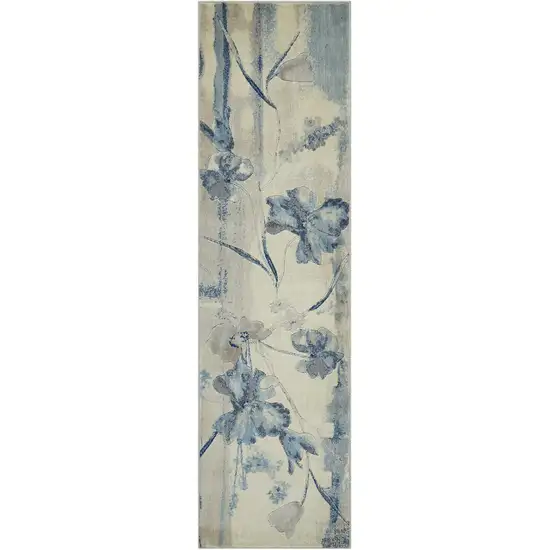8' Ivory And Blue Floral Non Skid Runner Rug Photo 5