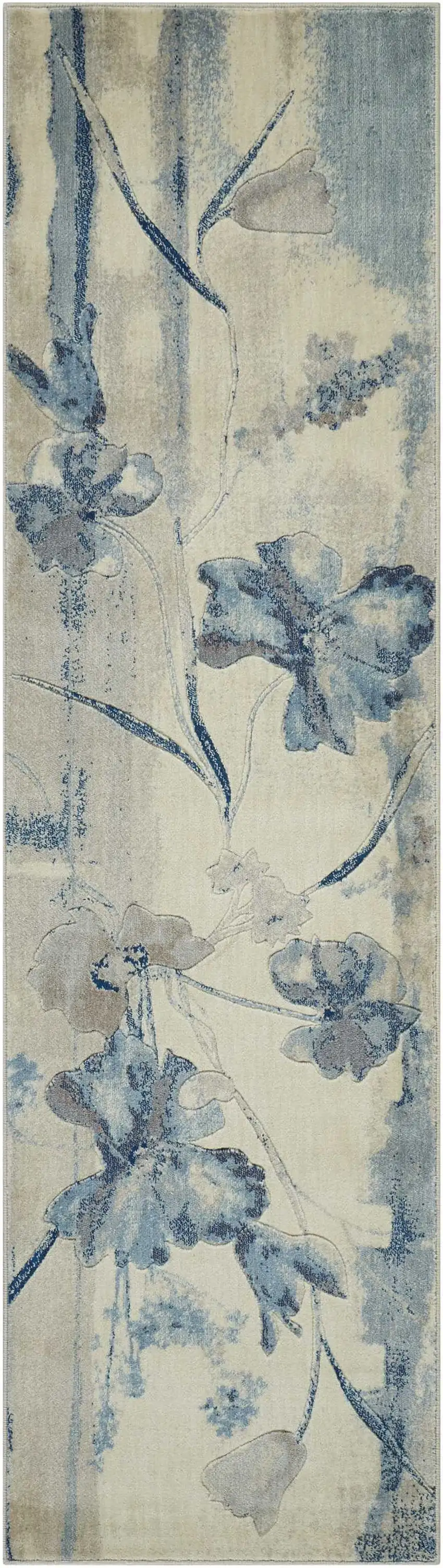 8' Ivory And Blue Floral Non Skid Runner Rug Photo 5