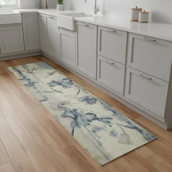 8' Ivory And Blue Floral Non Skid Runner Rug Photo 1