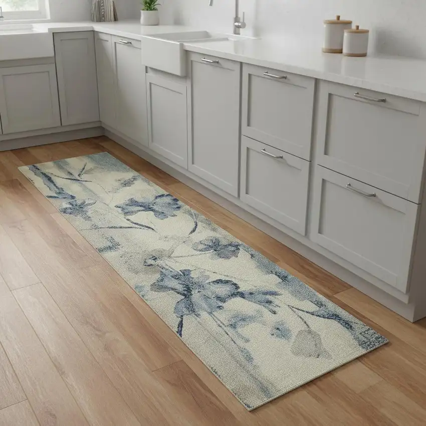 8' Ivory And Blue Floral Non Skid Runner Rug Photo 1