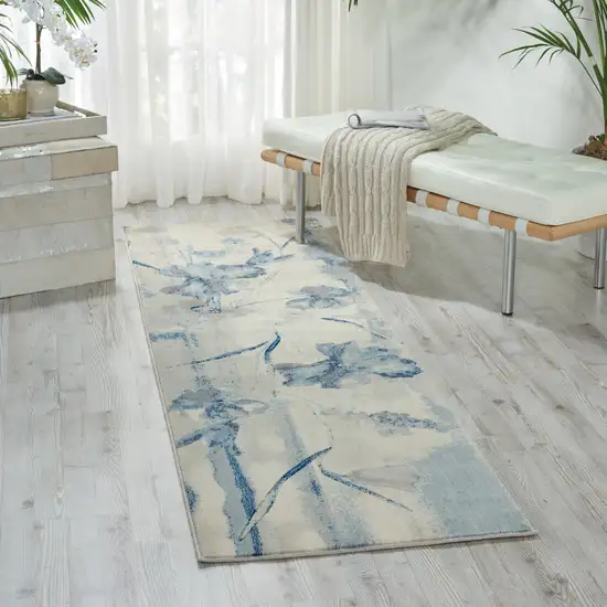 8' Ivory And Blue Floral Non Skid Runner Rug Photo 4