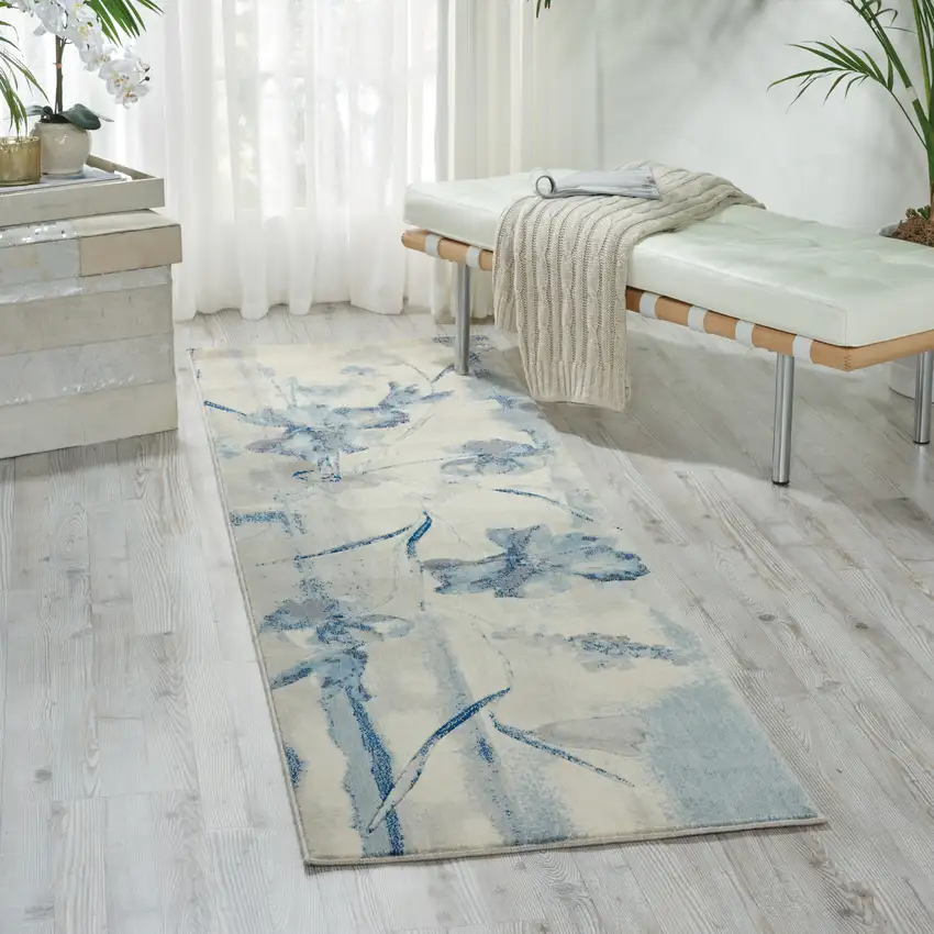 8' Ivory And Blue Floral Non Skid Runner Rug Photo 4