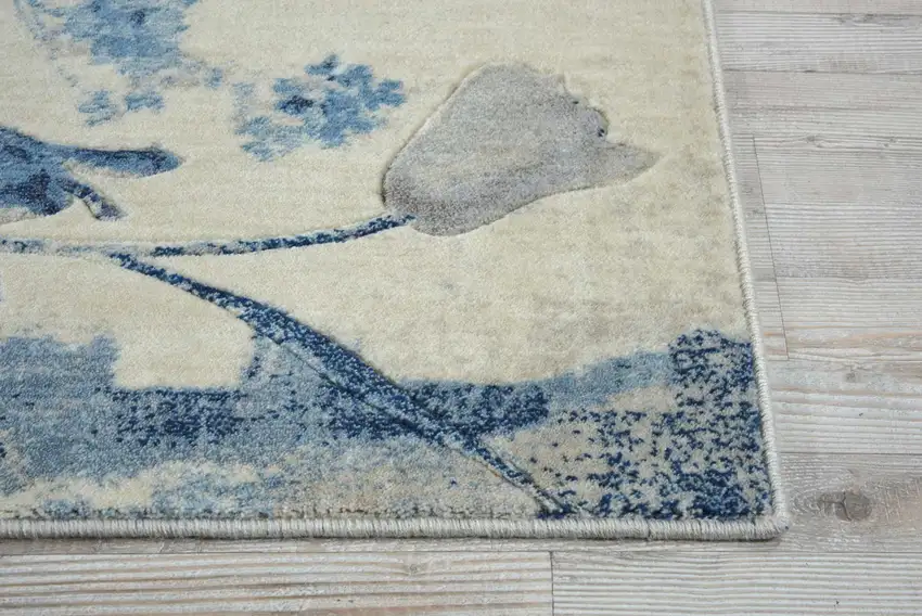 8' Ivory And Blue Floral Non Skid Runner Rug Photo 6