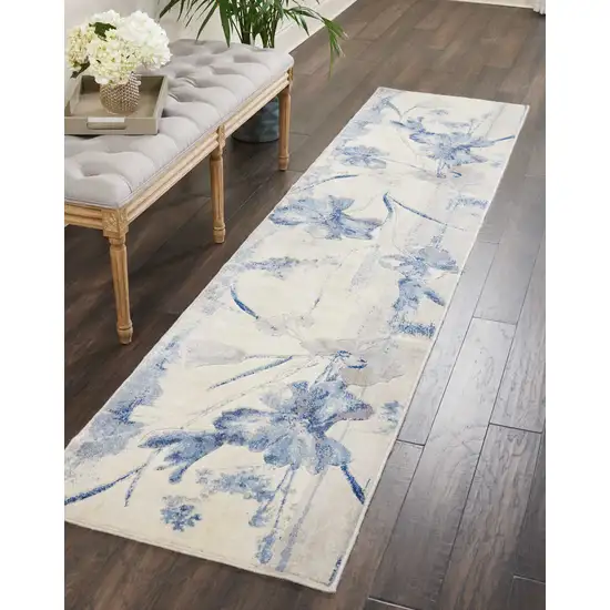 10' Ivory And Blue Floral Non Skid Runner Rug Photo 5