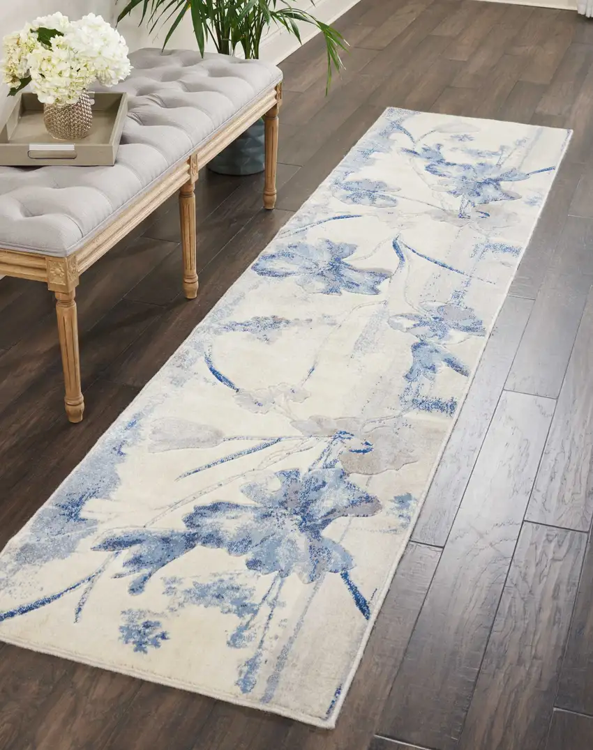 10' Ivory And Blue Floral Non Skid Runner Rug Photo 5