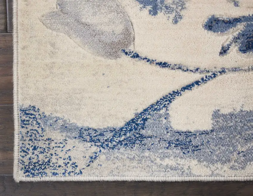 10' Ivory And Blue Floral Non Skid Runner Rug Photo 6