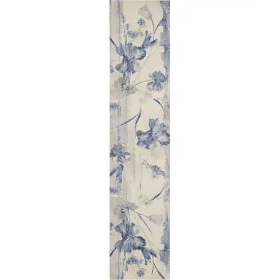 10' Ivory And Blue Floral Non Skid Runner Rug Photo 4