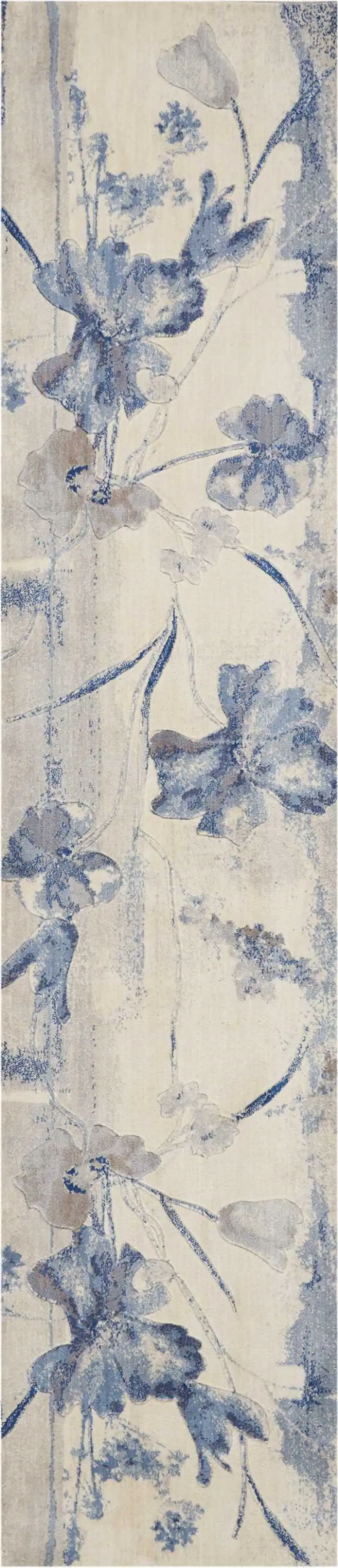 10' Ivory And Blue Floral Non Skid Runner Rug Photo 4