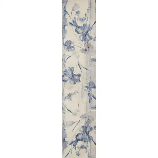 10' Ivory And Blue Floral Non Skid Runner Rug Photo 2