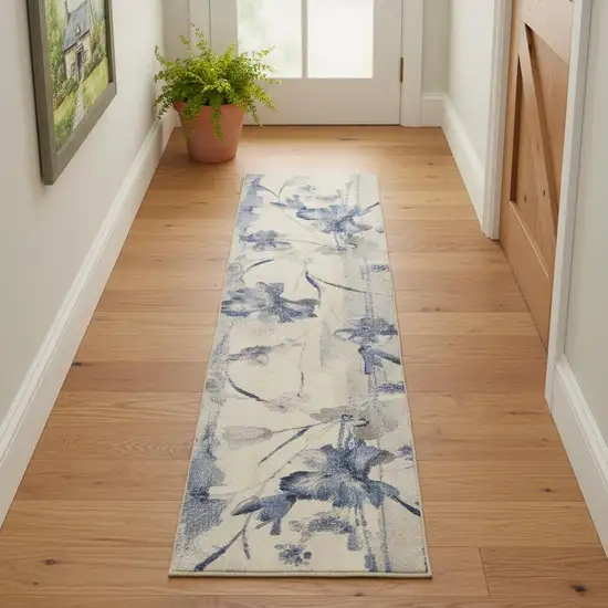 10' Ivory And Blue Floral Non Skid Runner Rug Photo 1
